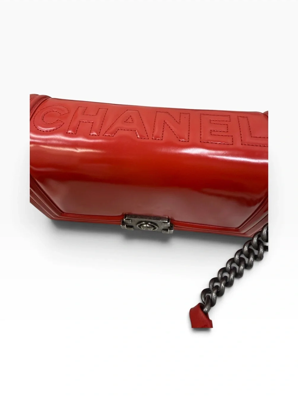 Authentic Chanel Medium Boy Red Glazed Calfskin Flap Bag